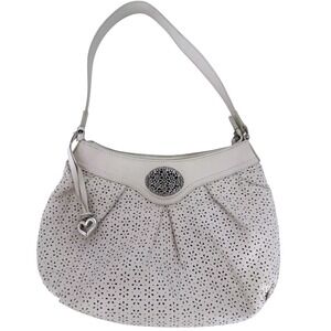 Brighton White Leather Laser Cut Floral Medallion Heart‎ Charm Hobo Shoulder Bag
